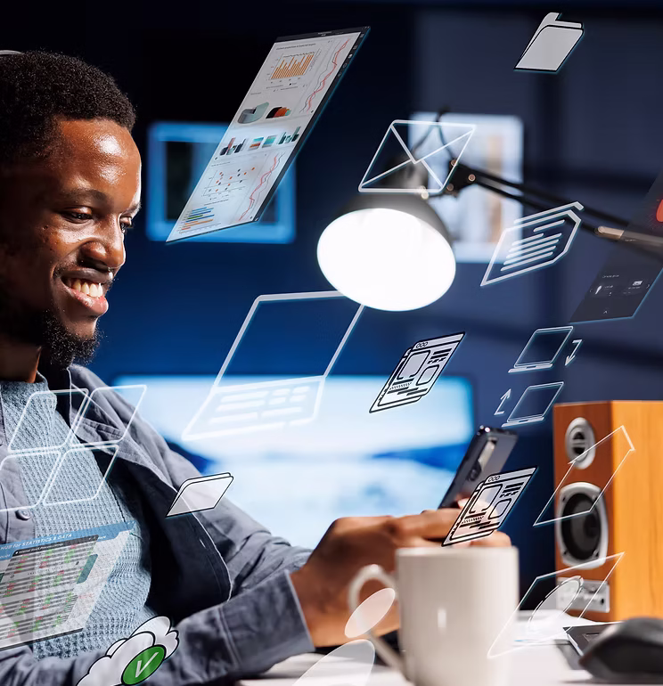 business person using laptop multitasking finish daily startup tasks